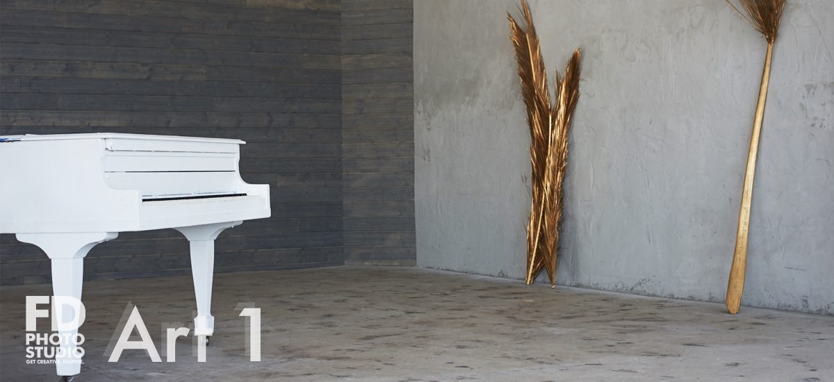 natural light photo studio with white staircase, white grand piano, concrete and wood walls and gold-sprayed branches