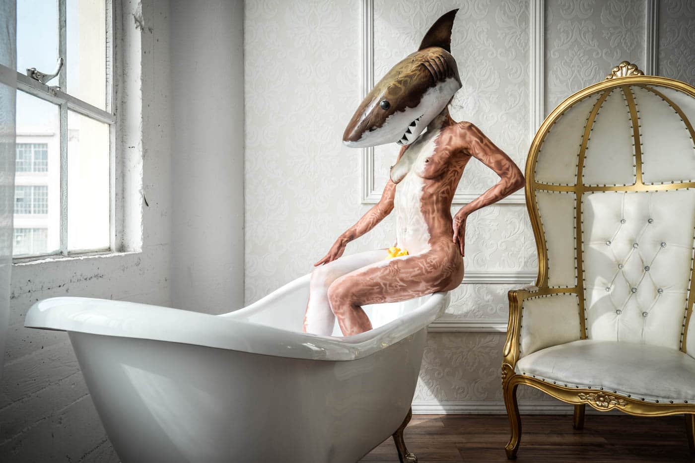 Paul Roustan declares: Sharks are people too! -wrongron, Wrong Ron, Stage Art 3, Shot at FD Photo Studio, sharks, Shadia G, Rose wall, props, Photoshop, Photoshoot, photography services, photographer, Paul Roustan, FD photo studio, endangered species, DTLA, blog, bathtub, Art Studios, !done, !Art3