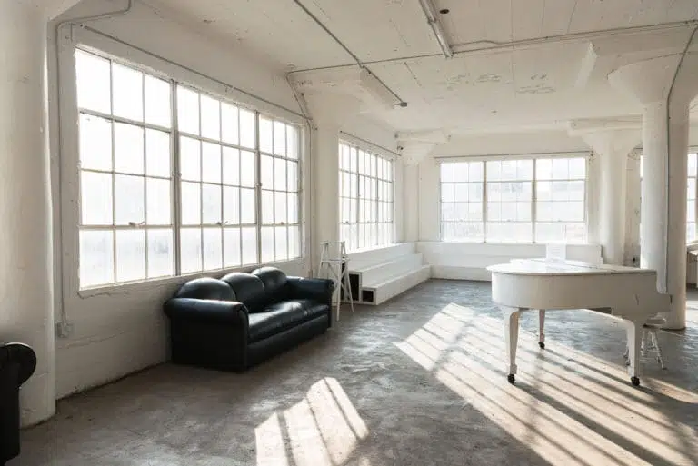 natural light photo studio with white staircase