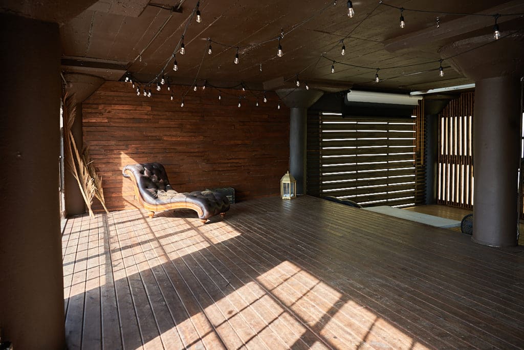 Wooden stage with LED lamps available for photo and video rental in Los Angeles