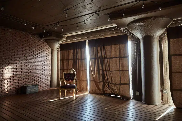 Wooden stage with LED lamps available for photo and video rental in Los Angeles