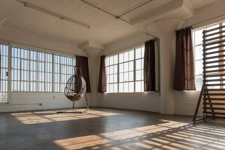 Stage with a wooden corner, large blinds and a marquee star available for rental in Los Angeles