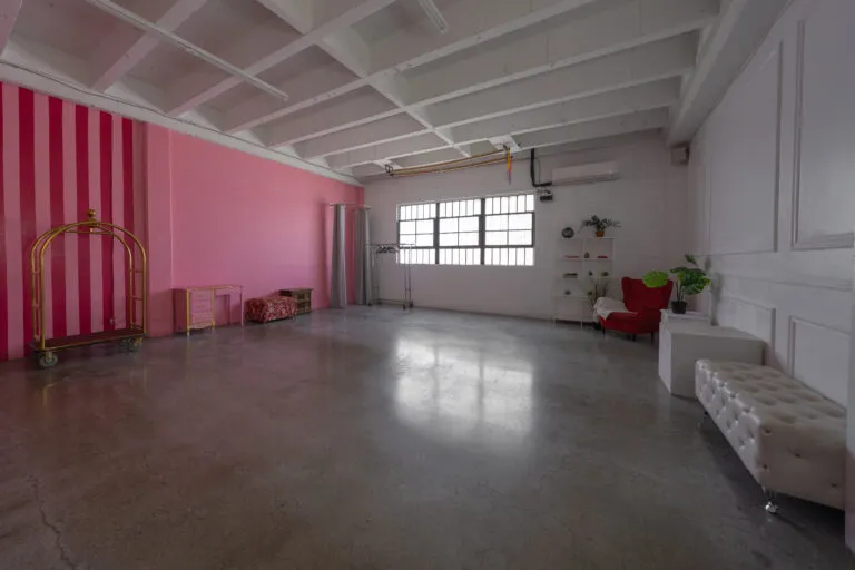 Hill 5 - daylight photo studio with pink and white walls with piano in Los Angeles
