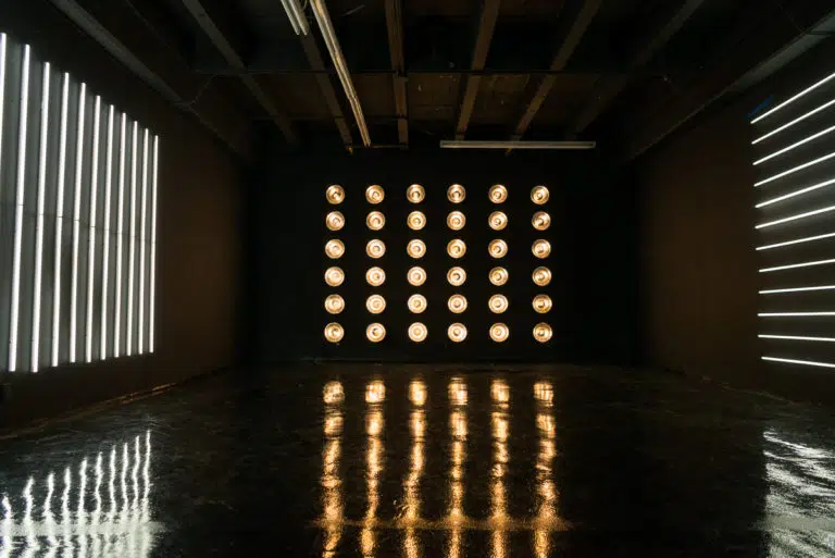 LED dimmable lights & black glossy floor blackout stage is available for photo and video rentals in Los Angeles