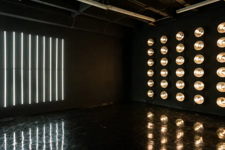 LED dimmable lights & black glossy floor blackout stage is available for photo and video rentals in Los Angeles