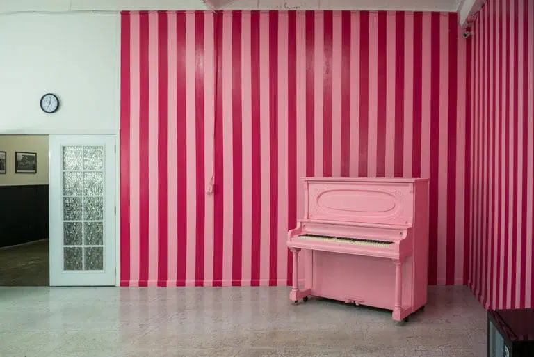 Carnation and gloss dark pink stripped corner available for photo and video photo studio rental in Los Angeles