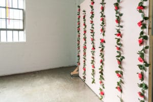 NEW PROPS: Grey Textured Fabric Backdrop in Studio Hill 6 -transparent egg-shaped hanging chai, Studio News, shower, Rental Studio, Renovation, red leather lounge chair, Photo Blog, moroccan tile shower corner, Los Angeles, LA Rental Studio, Hill Location, Hill 6, grey textured fabric backdrop, grass wall with white flowers, gloss floor, garland wall, FD photo studio, DTLA, Announcement