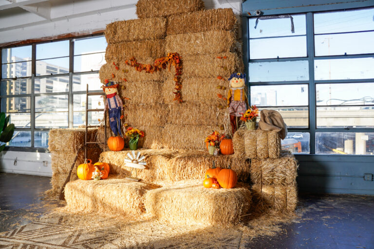 Daylight photo studio Hill 4 in Los Angeles with hay bale and Halloween decorations