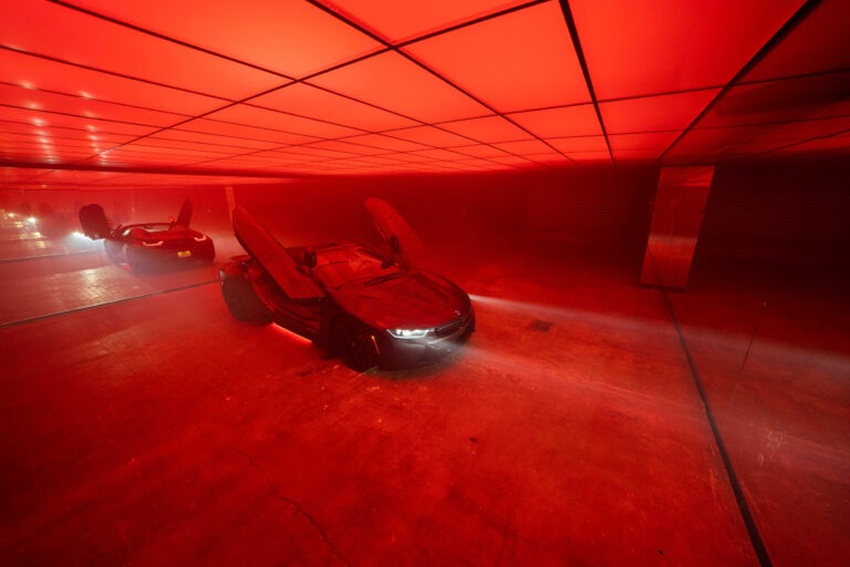 Photo & video studio for cars with drive-in access, Mirror walls on both sides, and fully controllable RGB Ceiling photo studio in New York