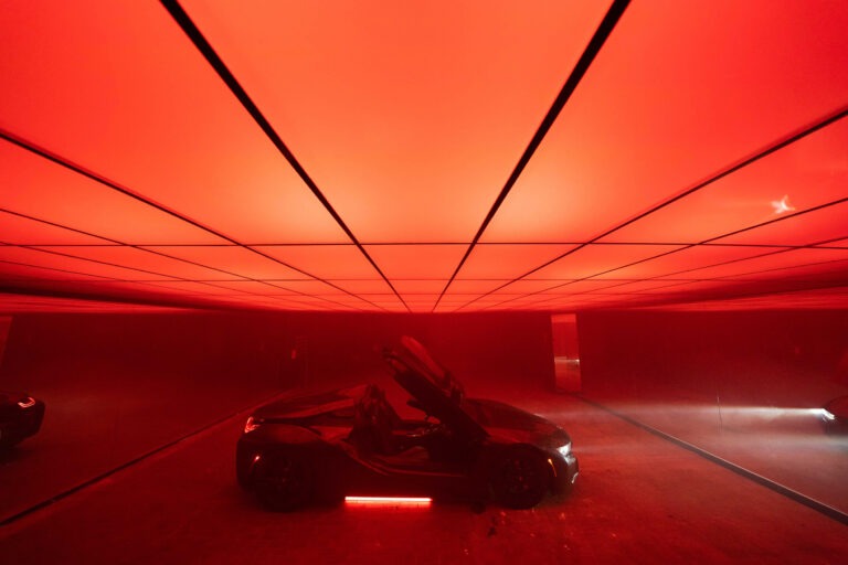 Photo & video studio for cars with drive-in access, Mirror walls on both sides, and fully controllable RGB Ceiling photo studio in New York