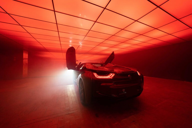 Photo & video studio for cars with drive-in access, Mirror walls on both sides, and fully controllable RGB Ceiling photo studio in New York