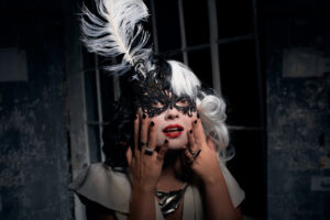 Cruella de Vil-inspired photoshoot at NY Studio 6 -Studio News, shower, Rental Studio, red leather lounge chair, Photo Blog, moroccan tile shower corner, Los Angeles, LA Rental Studio, Hill6, Hill Location, Hill 6, grass wall with white flowers, gloss floor, garland wall, FD photo studio, DTLA, Cruella de Vil-inspired photoshoot at NY Studio 6