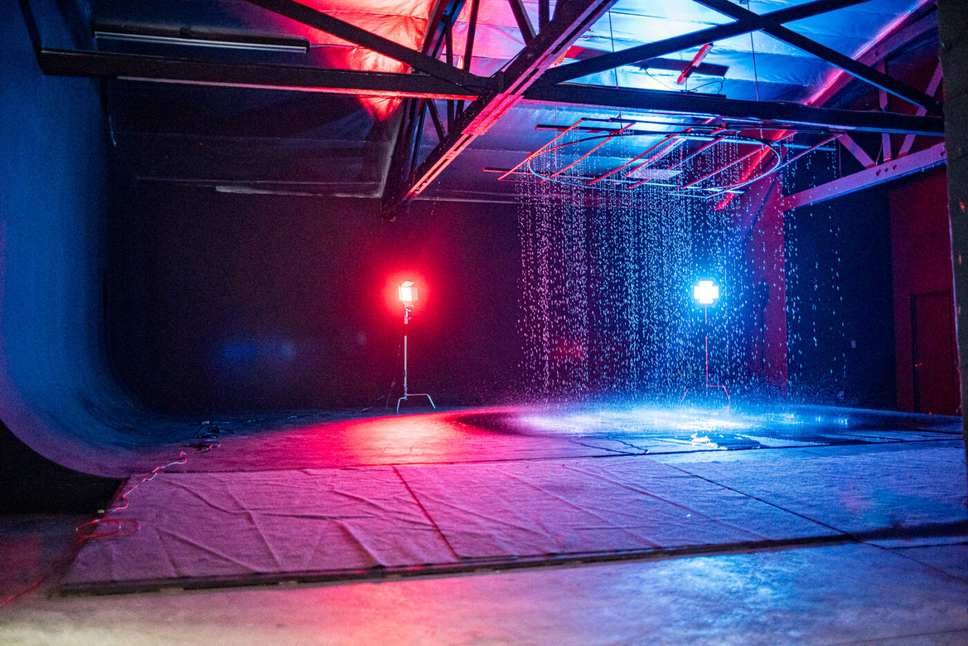 Rain room studio in Los Angeles with water-ready setup for photo and video